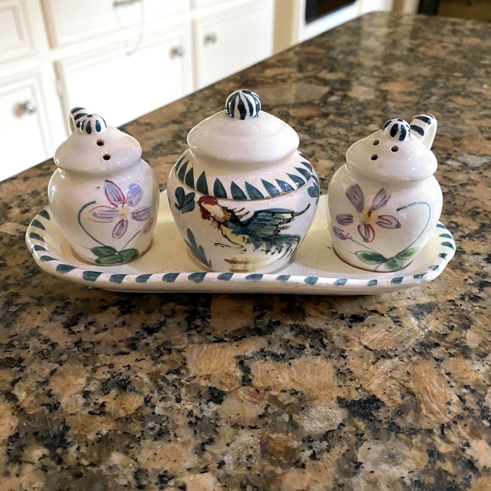 Vintage ceramic salt, pepper, and sugar bowl set